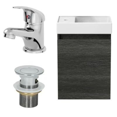 Image of Artis® 400mm Bathroom Vanity Unit Ceramic Wash Sink Wall Hung Storage Cabinet Reversible Soft Close Cupboard &amp; Essentials Basin Mixer Tap Waste Set, Charcoal Grey