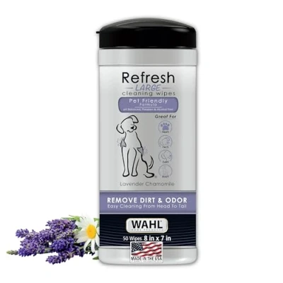 Image of Wahl Dog Wipes Refresh Cleaning Wet Wipes, Remove Pets At Home Dirt and Odors, pH balanced, alcohol free paraben free, 50 Lavender Chamomile