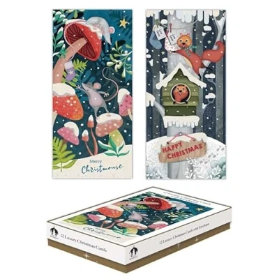 Image of Tallon Festive Wonderland XCA0221 Luxury Slim Christmas Xmas Cards, Box of 12, Illustrated Wood