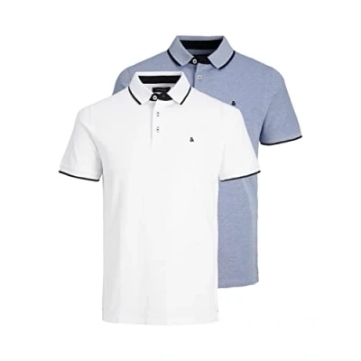 Image of JACK &amp; JONES Men&#039;s Jjepaulos Polo Ss Noos Kosile, Pack of 2 (White/Bright Cobalt), S
