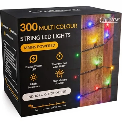 Image of CHRISTOW Christmas Fairy Lights, Multi Coloured LED String Lighting with Timer, Indoor &amp; Outdoor, Tree Mains Operated, 8 Light Modes Flashing Static, Green Cable (300 / 30m Lit Length)