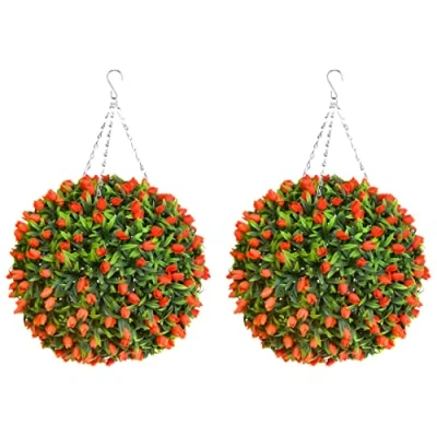 Image of Pair of Best Artificial TULIP Flower Balls Lush Long Leaf Topiary Grass (38cm, Orange)