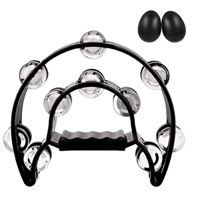 Image of EastRock Tambourines for adults, Half Moon Hand Tambourine, Double Cutaway Tambourine with 20 Jingles, Row Metal Held Musicians Bands(16 Black)