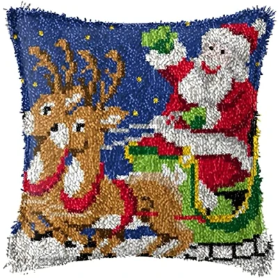 Image of Huanxin Christmas Latch Hook Kits, Kits Sofa Cushion Cover for Beginners with Pattern Printed Canvas Crochet Gift 17&quot; x 17&quot;,F