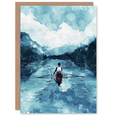 Image of Artery8 Greeting Card Rowing Boat Blue Watercolour Coastal Landscape Blank For All Him Or Her Art Birthday