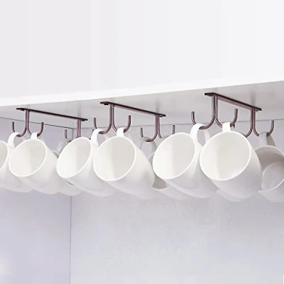 Image of FOMANSH Mug Rack Under Cabinet Coffee Cup Holder, 12 Mugs Hooks Shelf, Display Hanging Cups Drying Hook for Bar Kitchen Utensils Brown