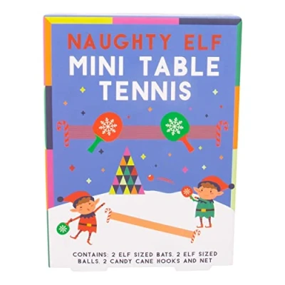 Image of Christmas Naughty Elf Table Tennis Game. Miniature Sized Novelty Includes Festive Bats, Coloured Balls, Candy Cane Hooks &amp; Net.