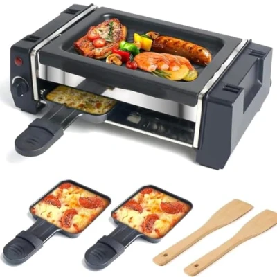Image of Raclette Grill, Electric Griddle Indoor Non Stick Coating Grill Machine, 2 Cheese Pans and Wooden Spatulas, Adjustable Temperature Control for BBQ Family, Party