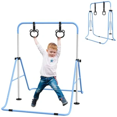 Image of HOMCOM Kids Gymnastics Bar, Horizontal Bar for Kids, Adjustable Height Folding Equipment with Gymnastic Rings, Non Slip Mats, Home, Flat, Blue