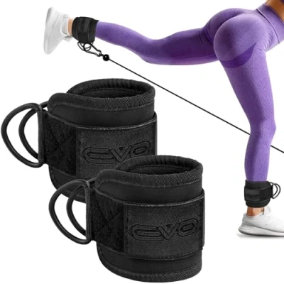 Image of EVO Fitness PAIR Ankle Straps for Cable machines, Padded Kickback Strap Glute Workouts, Leg Extensions, Curls, Booty Hip Abductors Exercise, Adjustable Cuff Gym (Matte Black)