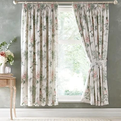 Image of Appletree Heritage Campion 100% Cotton Pair of Pencil Pleat Curtains With Tie Backs 66&quot; Width x 72&quot; Drop (168 183cm) in Green/Coral