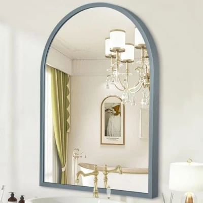Image of HLFMVWE Arch Wall Mirror Bathroom Metal Framed Mirror, Arched Aluminum Alloy Mounted Vanity for Bedroom, Entryway, Living Room 65 x 45cm Gray