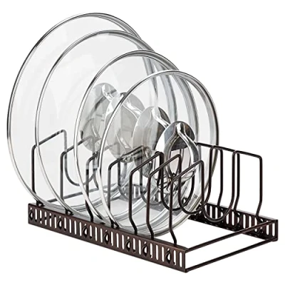 Image of Toplife Pot Lid Organiser Rack for Kitchen Cupboard or Pantry, with 7 Adjustable Compartments, Brown