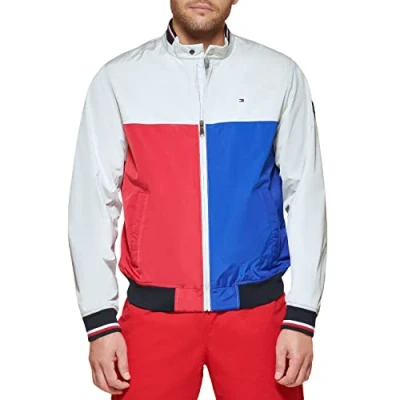 Image of Tommy Hilfiger Men&#039;s Lightweight Varsity Rib Knit Bomber Jacket Shell, Ice Combo, L