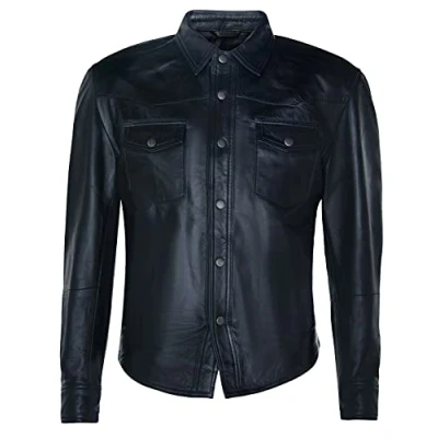 Image of Men’s Black Genuine Leather Shirt Jeans Trucker Slim Fit Jacket M
