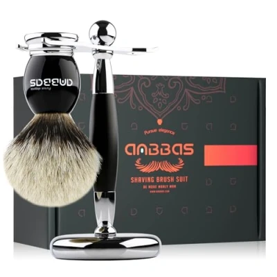 Image of Shaving Brush and Stand, Anbbas Silvertip Badger Hair Set with Stainless Steel Stand for Double Edge Safety Razor Straight Razor,Black Resin Alloy Handle Men