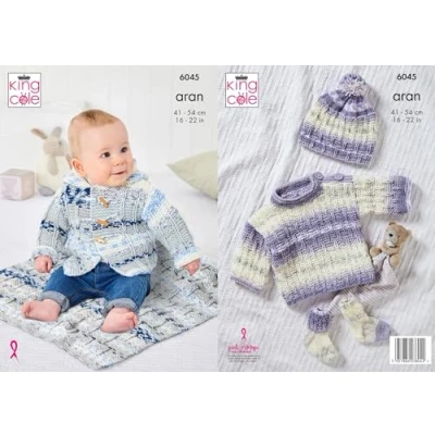 Image of King Cole Baby Aran Knitting Pattern Jacket Top Hat Socks &amp; Blanket (6045), 16&#039;&#039; 22&#039;&#039;