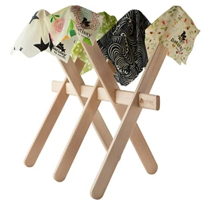 Image of Beech Wood Drying Rack for Reusable Beeswax Wraps, Organic Waxed Food Storage Cloths, Sustainable Plastic Free Bowl Cover &amp; Eco Friendly Wax Sandwich Wrapper Alternative Cheese, Fruits, Bread