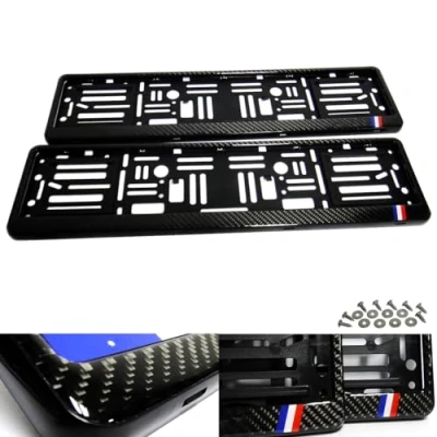 Image of RZG 2x Black Real Carbon Fibre Fiber Euro UK Car Licence Registration Number Plate Holder Surround Frame DS France