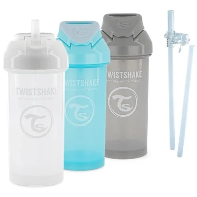 Image of Twistshake Baby Training Sippy Cup Set 4 Piece 3X with Straw 2X Straws 1x Leakproof Seal Leak Proof Water Bottles BPA Free Non Spill 6+ Months Grey Blue