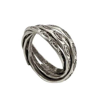 Image of 81stgeneration Women&#039;s 999 Fine Silver Karen Hill Tribe Russian Style 5 Band Fish Pattern Ring