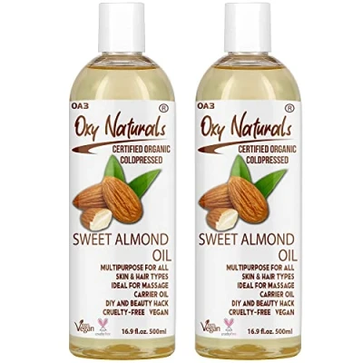 Image of Oxy Naturals Sweet Almond Oil 500ml (Pack of 2) Nourishing Care for Skin, Hair, Nails &amp; Body Perfect Massage, Cuticles, Face, and Stretch Marks Pure Carrier Aromatherapy