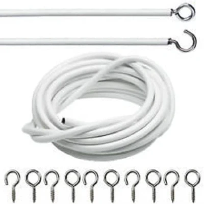 Image of HomeElabador 4M White Curtain Wire Cord Cable with Free Hook and Eye Fittings Net Kit 4 Meter Rail Hooks for Window Hanging Curtains &amp; Pictures.