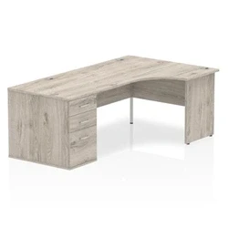 Image of Impulse 1600mm Right Crescent Desk Grey Oak Panel Leg + High Ped