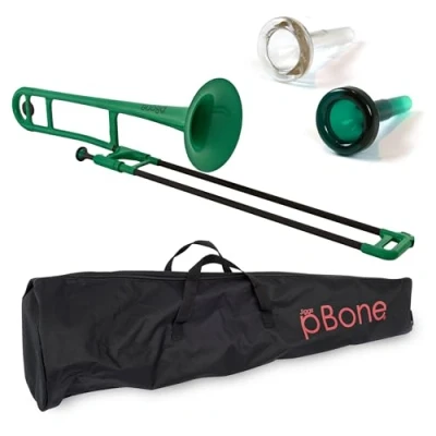 Image of pBone PBONE1G Plastic Trombone with Mouthpiece and Carry Bag Bb Student Beginner Green, 14.0 in*38.0 in*11.0 in