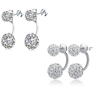 Image of Bo Win 2 Pair 925 Sterling Silver Earrings Double Studs Ball Stud with Cubic Zirconia Drop Dangle Womens for Women Girls