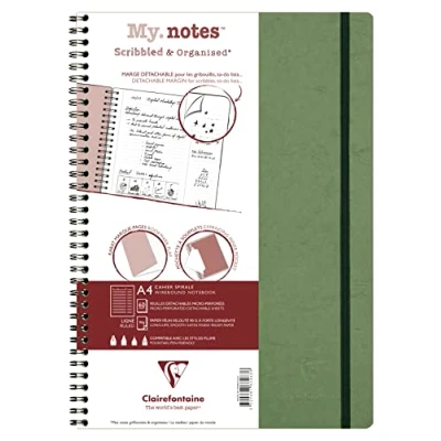 Image of Clairefontaine 783463C Collection Age Bag One Spiral Notebook with Detachable Margins My.Notes Green A4 21x29.7cm 120 Lined Pages 90gsm White Paper Glossy Leather Grain Card Cover