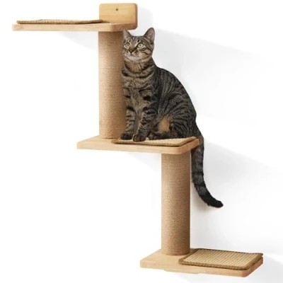 Image of FUKUMARU Cat Climbing Shelf Wall Mounted, Natural Rubber Wood Material, Stairway with Jute Scratching Post for Cats Perch Platform Supplies