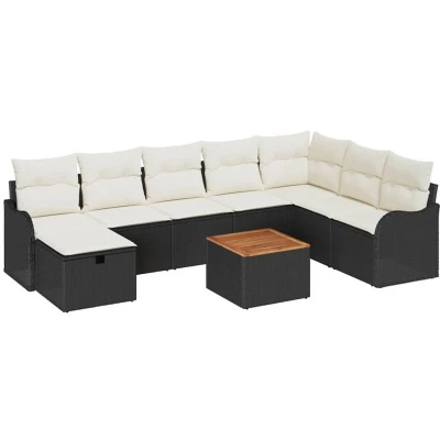 Image of vidaXL 9 Piece Garden Sofa Set with Cushions Black Poly Rattan