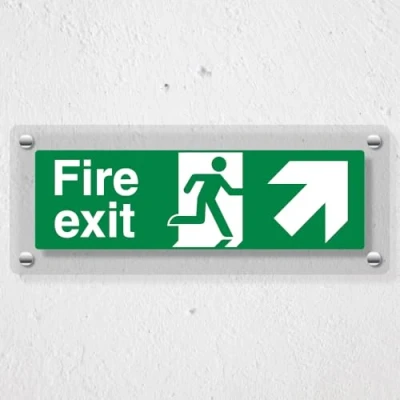Image of V Safety Fire Exit Arrow Up Right 300 x 100 mm Acrylic Perspex Cast Clear Sign