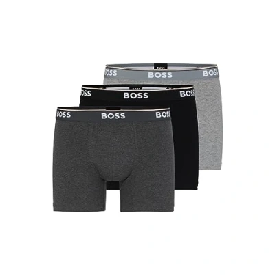 Image of BOSS Men&#039;s Power 3 Pack Bold Logo Boxer Briefs, Grey/Charcoal/Black, S (Pack of 3)