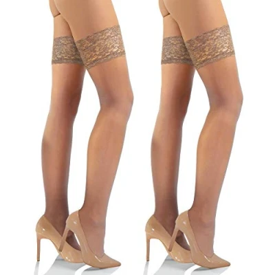 Image of Sesto Senso 2 Pack Women&#039;s Hold Ups Stockings Sexy Lace Top 15 Denier Beige 3/4 M L Naturale