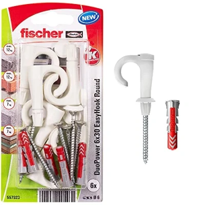 Image of fischer EasyHook Round K (6), Set of 6 Hook Screws &amp; DuoPower x 30 Plugs, chipboard with Hooks, Flexible Screw Hooks for mounting in numerous Building Materials