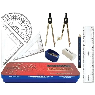 Image of INVENTO 9Pcs Maths Geometry Set, Compass Protractor Divider Ruler Squares Sharpener Eraser, Student Exam Instrument Tin Case, iZOFAX Black Ball Pen
