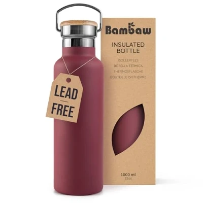 Image of Bambaw Insulated Water Bottle 1l, Red Bottle, Stainless Steel Leakproof Reusable 1l Hot Drink Flask, Berry