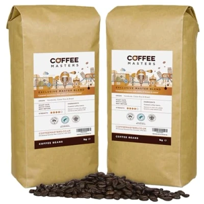 Image of Coffee Masters Beans 2kg (2x1kg) Exclusive Master Blend, 100% Arabica, Medium Dark Roasted Whole Bean, Ideal for Espresso Machines