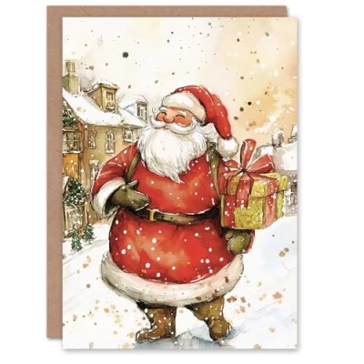 Image of Artery8 Jolly Santa Claus With Present Blank For Him Or Her Art Xmas Festive Christmas Card