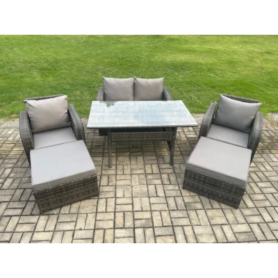 Image of Fimous Patio Rattan Garden Furniture Set with Oblong Rectangular Dining Table 2 Big Footstool 6 Seater Outdoor Lounge Sofa Dark Grey Mixed
