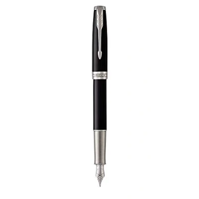 Image of Parker Sonnet Fountain Pen Black Lacquer with Palladium Trim Solid 18k Gold Fine Nib Gift Box