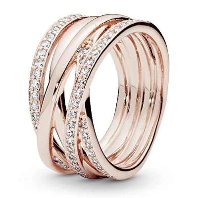 Image of Pandora Timeless 14k Rose gold plated Sparkling &amp; Polished Lines ring with clear cubic zirconia, 52