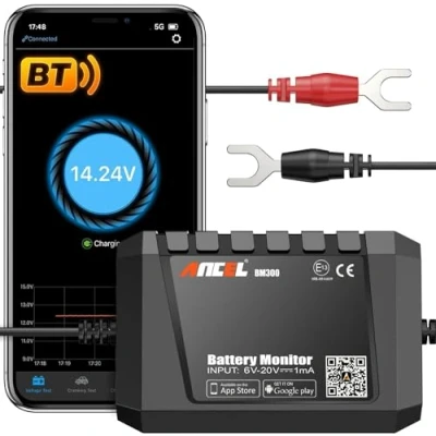 Image of ANCEL BM300 Bluetooth Battery Monitor Automotive Voltmeter with Charging, Cranking System Test and Alarm 12V Compatible for Solar Power Systems, RVs, Motorcycles, Boats, Cars, Trucks
