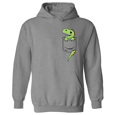 Image of Pocket Dinosaur Dino Cute Character Print Pullover Hoodie Heather Grey (XXL)