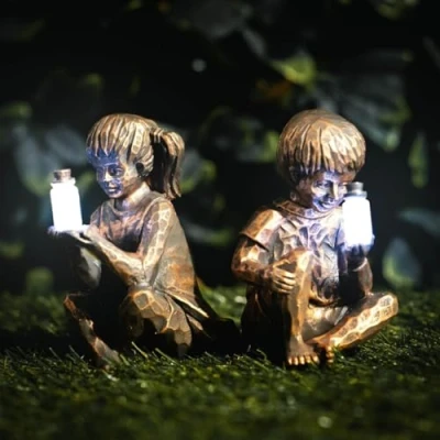 Image of Garden Mile Solar Powered Ornament Boy and Girl Figurines Durable Weatherproof Resin Decor Gardens Accessories Fairy Outdoor House Ornaments Patio