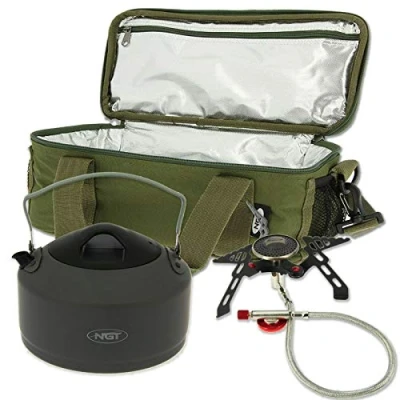 Image of DNA Carp Fishing &amp; Camping Cooler Insulated Brew Kit Carryall Bag With Gas Stove Kettle Set