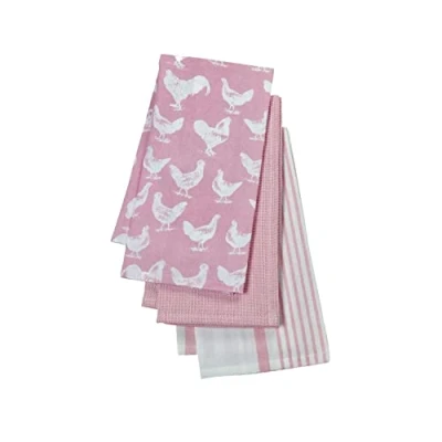 Image of Auntie Morags Eddingtons The Pantry Hen &amp; Cockerel Pink Tea Towels Set Of 3