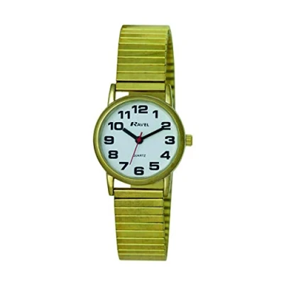 Image of Ravel Unisex Easy Read Watch with Big Numbers on Stainless Steel Expander Bracelet Gold Tone/White Dial